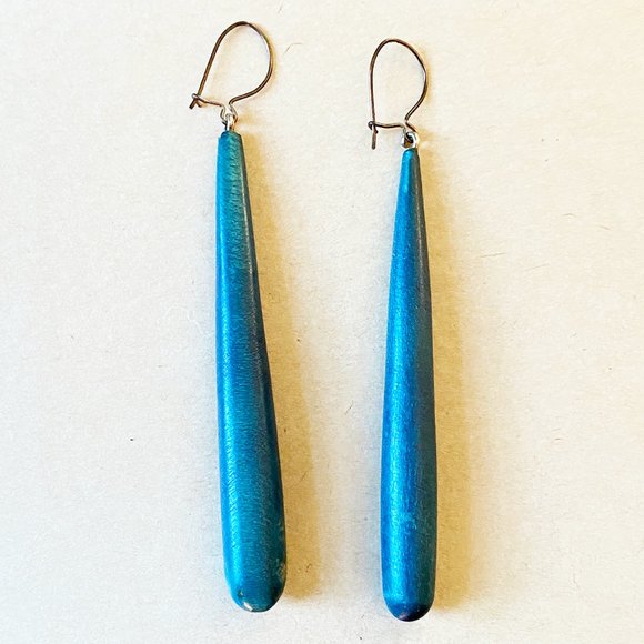 Vintage Jewelry - Teal Lightweight Long Wood Stick Earrings